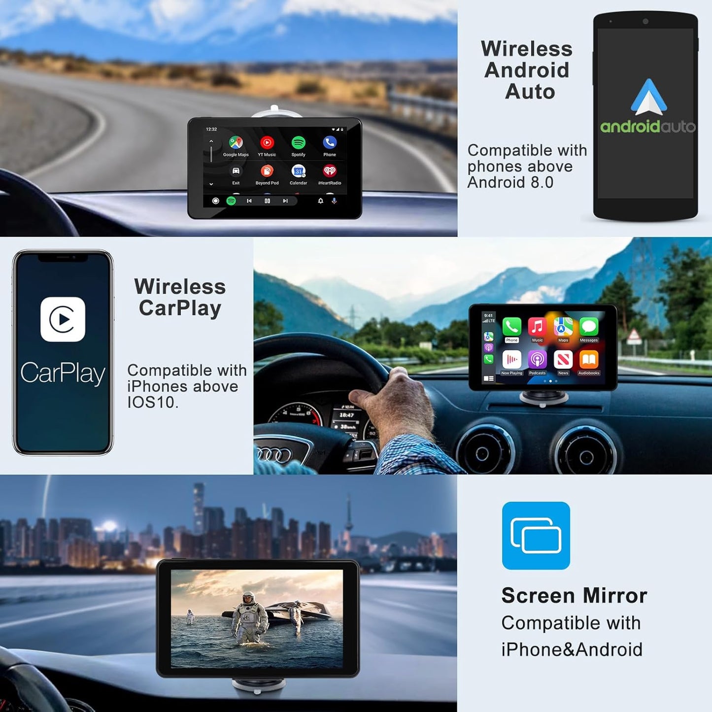 Wireless Apple Carplay Android Auto Screen for Car, 7" HD Touch Screen Car Stereo Portable Live Navigation Car Play Mirror Link Music Video Player Siri/Airplay/Aux/Fm/Radio