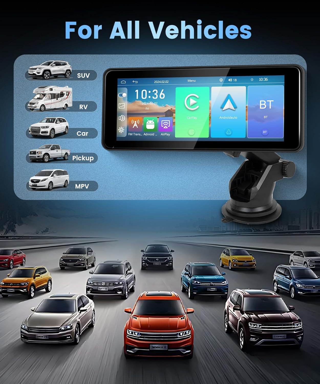 Wireless Carplay Screen Portable Car Stereo Android Auto Screen,  6.86 Inch Touch Screen Portable Car Play Bluetooth FM Transmitter Mirror Link Voice Control AUX Cable