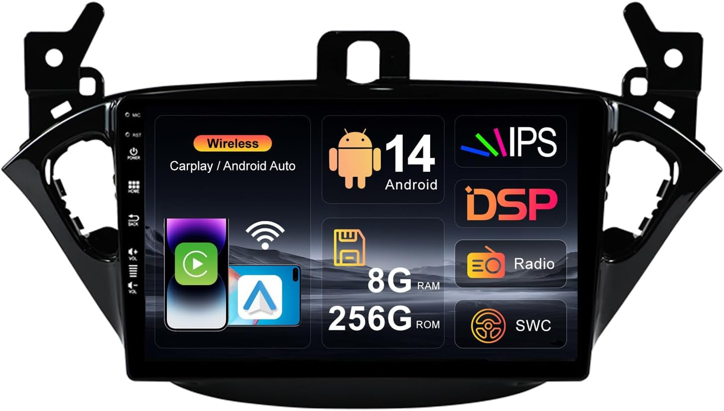 8G+256G 9Inch IPS Android Double Din Car Stereo for Vauxhall Corsa E 2015-2019 - Wireless Carplay/Android Auto/Dsp - Camera & MIC - USB AUX SWC BT DAB RDS