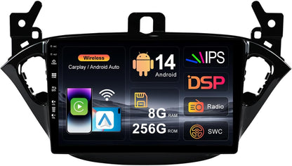 8G+256G 9Inch IPS Android Double Din Car Stereo for Vauxhall Corsa E 2015-2019 - Wireless Carplay/Android Auto/Dsp - Camera & MIC - USB AUX SWC BT DAB RDS