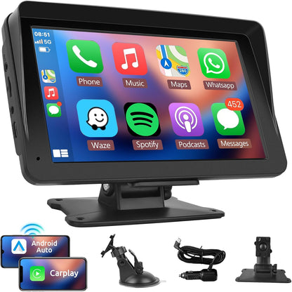 Portable Car Radio Wireless Carplay Screen Android Auto Screen,  7 Inch Touchscreen Bluetooth Portable Car Radio with FM Transmitter Voice Control