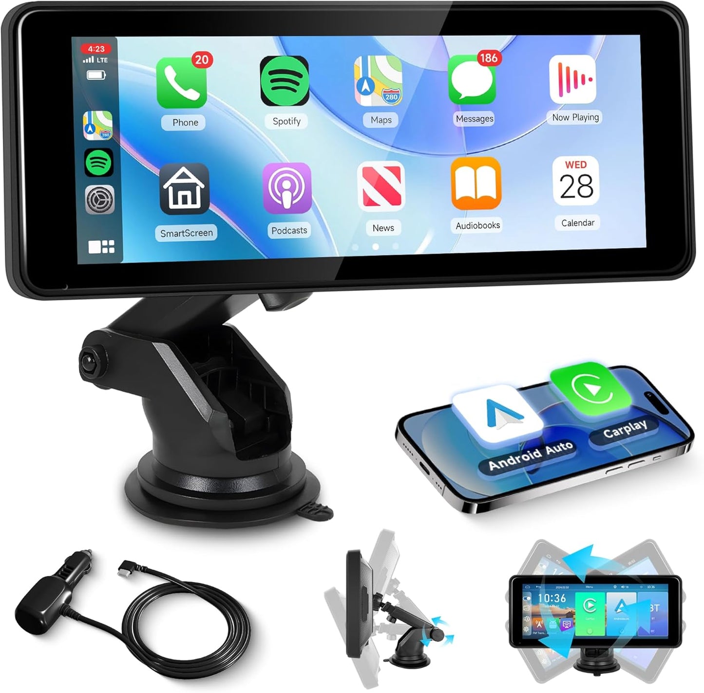 Wireless Carplay Screen Portable Car Stereo Android Auto Screen,  6.86 Inch Touch Screen Portable Car Play Bluetooth FM Transmitter Mirror Link Voice Control AUX Cable