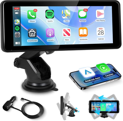 Wireless Carplay Screen Portable Car Stereo Android Auto Screen,  6.86 Inch Touch Screen Portable Car Play Bluetooth FM Transmitter Mirror Link Voice Control AUX Cable