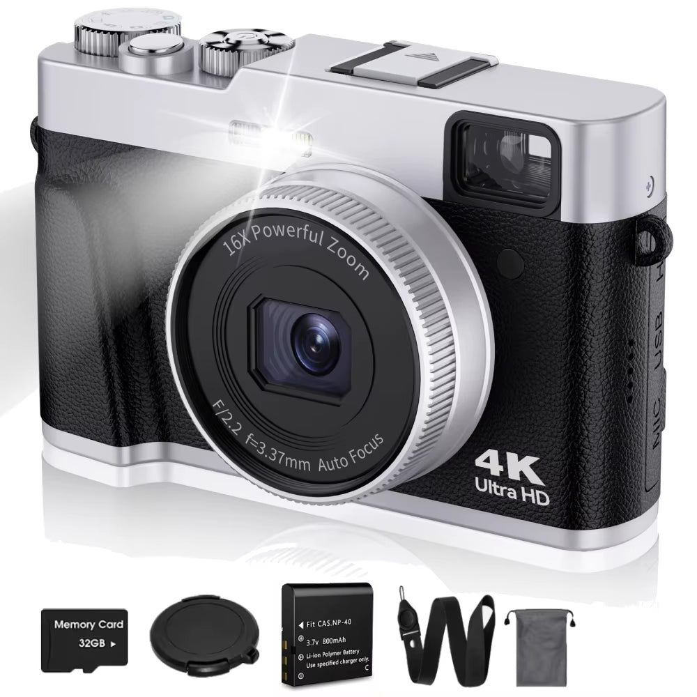 4K Digital Camera Auto Focus 48MP Vlogging Camera for Youtube and Anti-Shake Video Camera with Viewfinder Flash & Dial