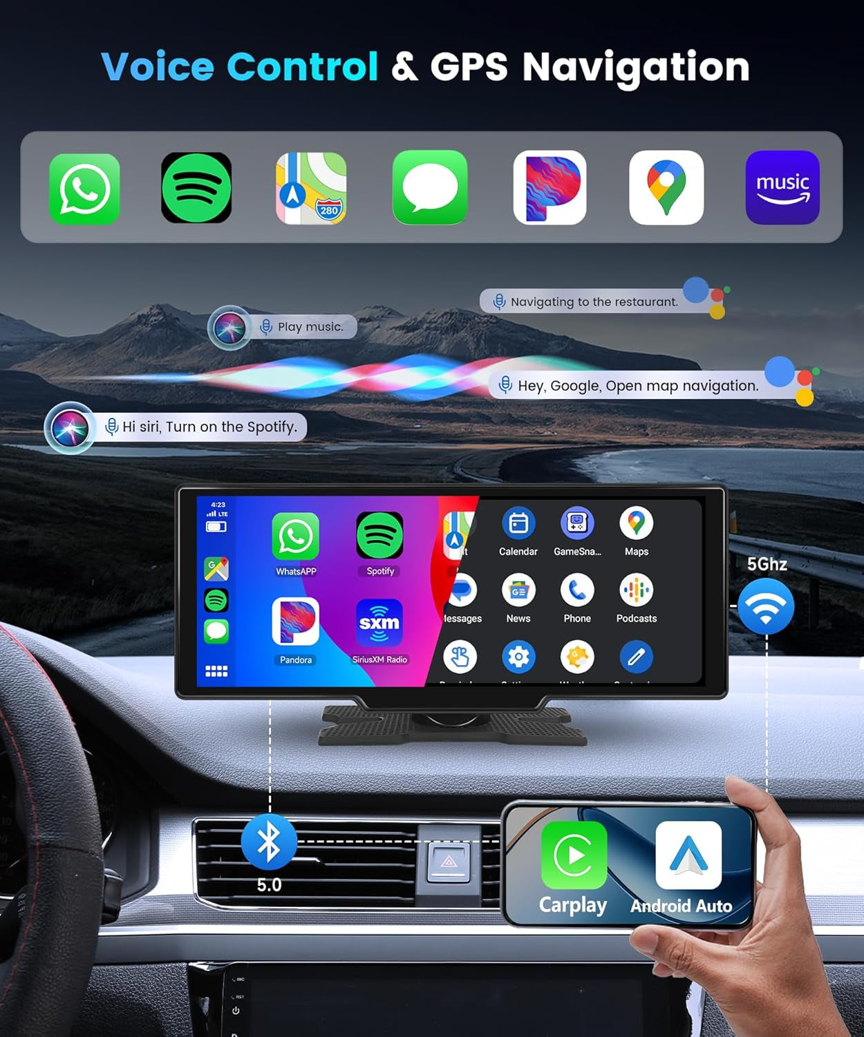 10.26 Inch Carplay Screen for Car,  Portable Android Auto Car Stereo HD IPS Touch Screen,Wireless Car Play Screen with GPS Navigation & Voice Control, Mirror Link,Bluetooth,Fm Transmission,Aux