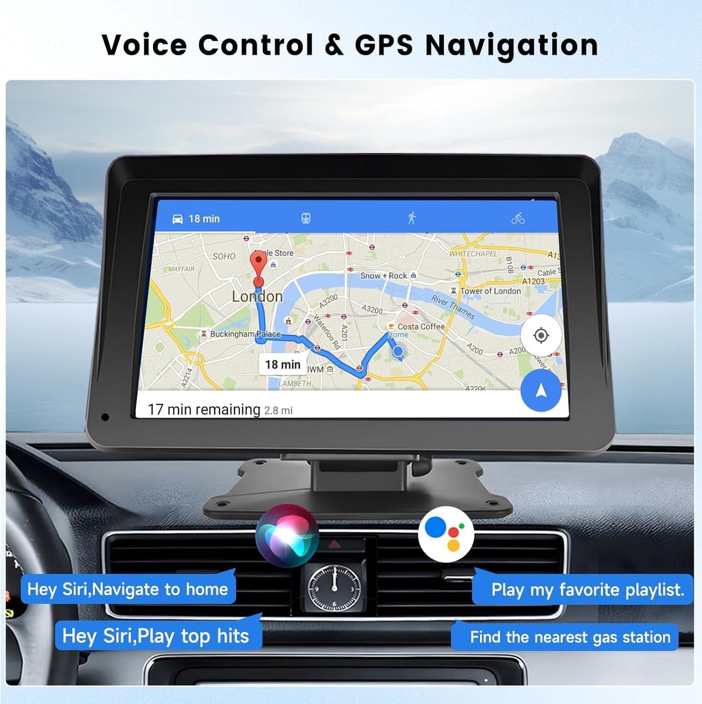 Wireless Carplay Screen, 7" Portable Car Stereo & Car Radio with Apple Carplay, Android Auto, HD Touchscreen, Bluetooth, Mirrorlink, Voice Control, FM Transmission, GPS, TF Card, AUX