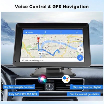 Wireless Carplay Screen, 7" Portable Car Stereo & Car Radio with Apple Carplay, Android Auto, HD Touchscreen, Bluetooth, Mirrorlink, Voice Control, FM Transmission, GPS, TF Card, AUX