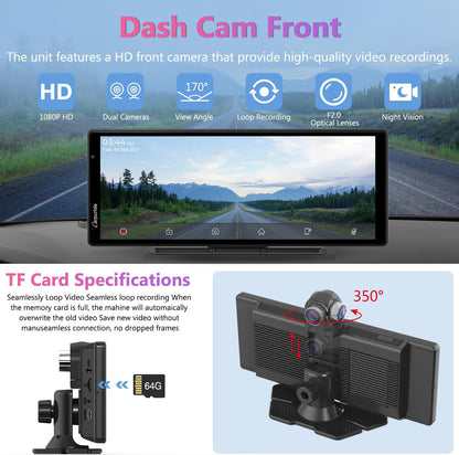2025  W903 9.3" 4K Dash Cam with Wireless Carplay – Dual Front/Rear Camera, Loop Recording, Bluetooth, Mirror Link, GPS, Siri, Dashboard Mounted, Night Vision, Universal Car/Truck/Motorhome