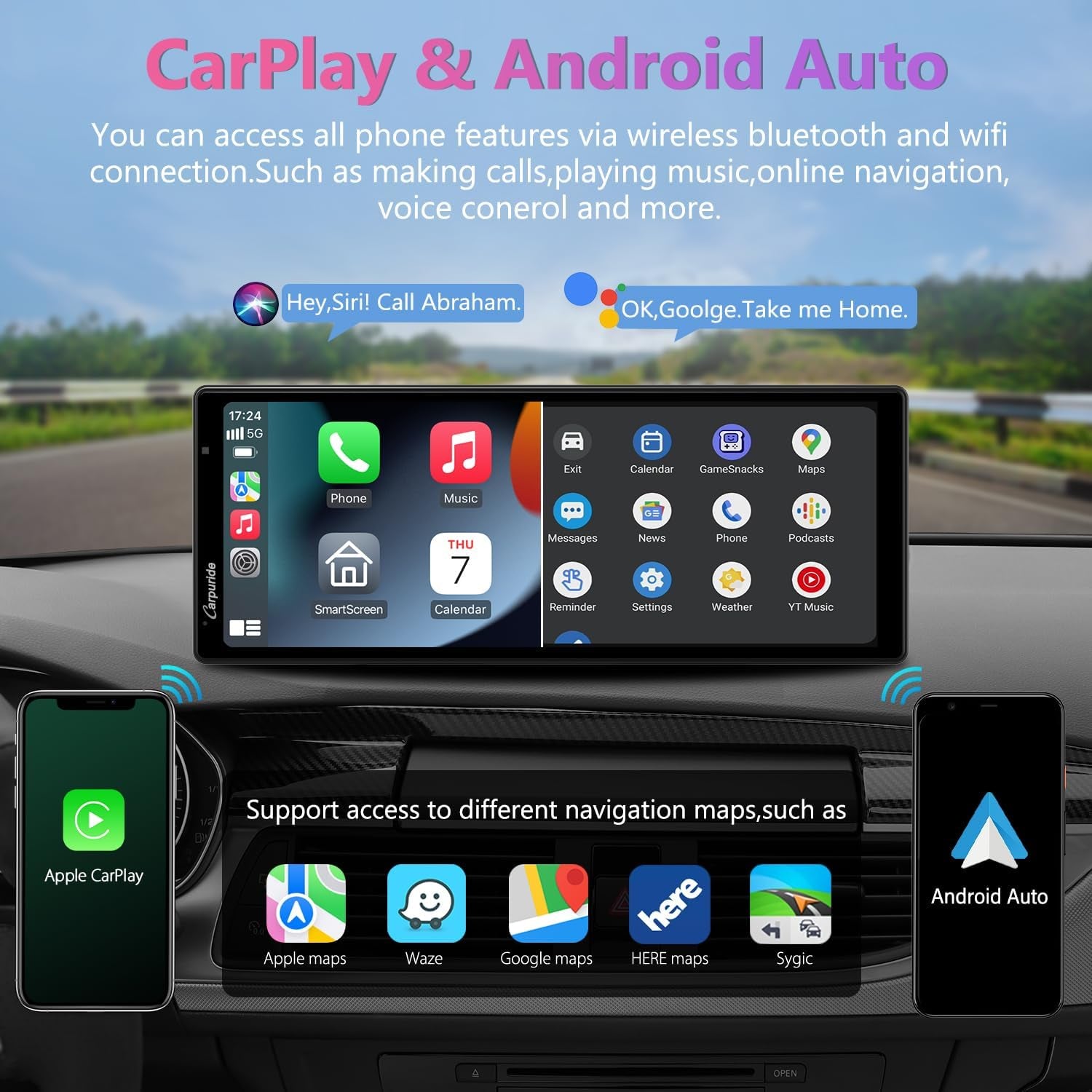 2025  W903 9.3" 4K Dash Cam with Wireless Carplay – Dual Front/Rear Camera, Loop Recording, Bluetooth, Mirror Link, GPS, Siri, Dashboard Mounted, Night Vision, Universal Car/Truck/Motorhome