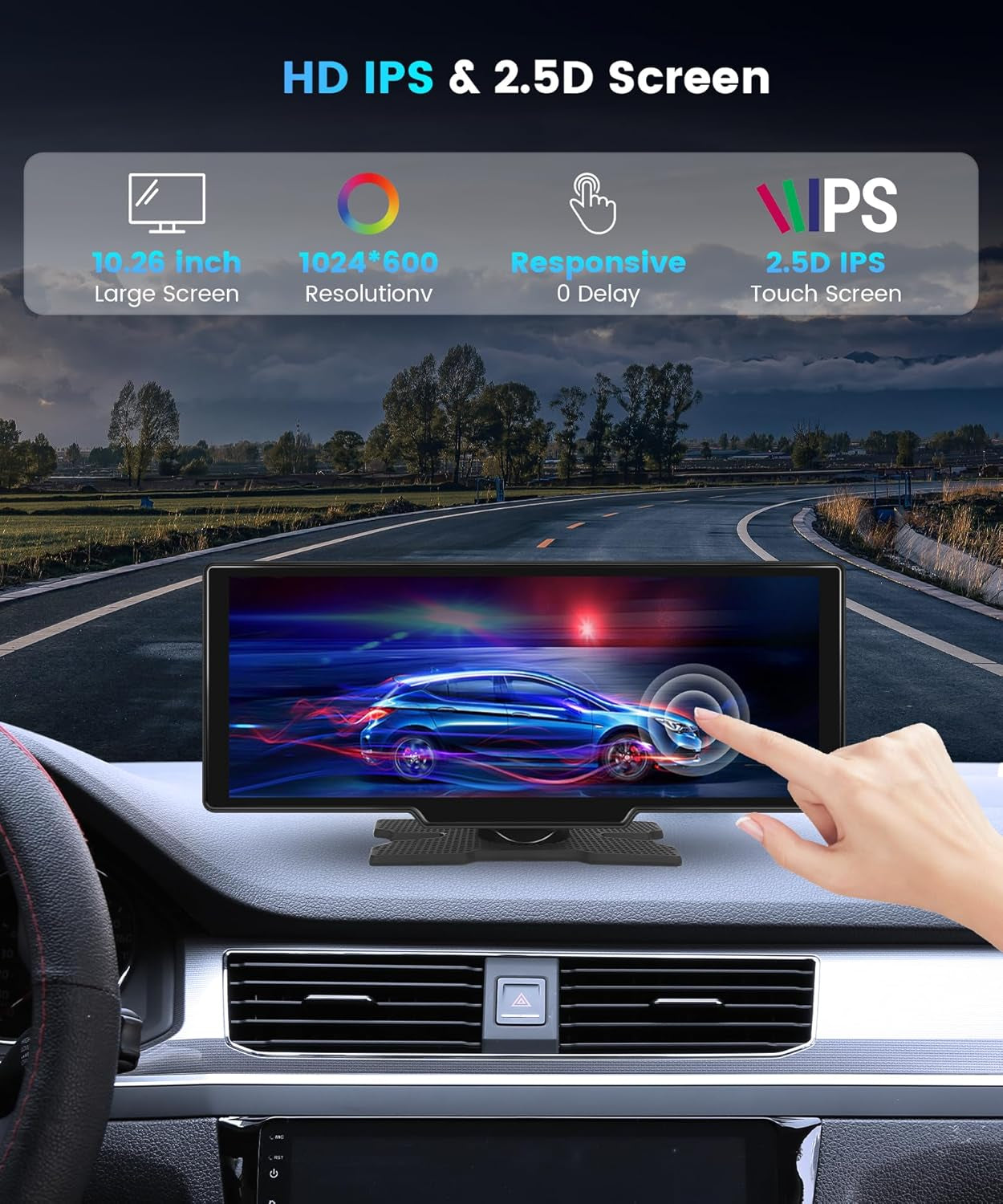 10.26 Inch Carplay Screen for Car,  Portable Android Auto Car Stereo HD IPS Touch Screen,Wireless Car Play Screen with GPS Navigation & Voice Control, Mirror Link,Bluetooth,Fm Transmission,Aux