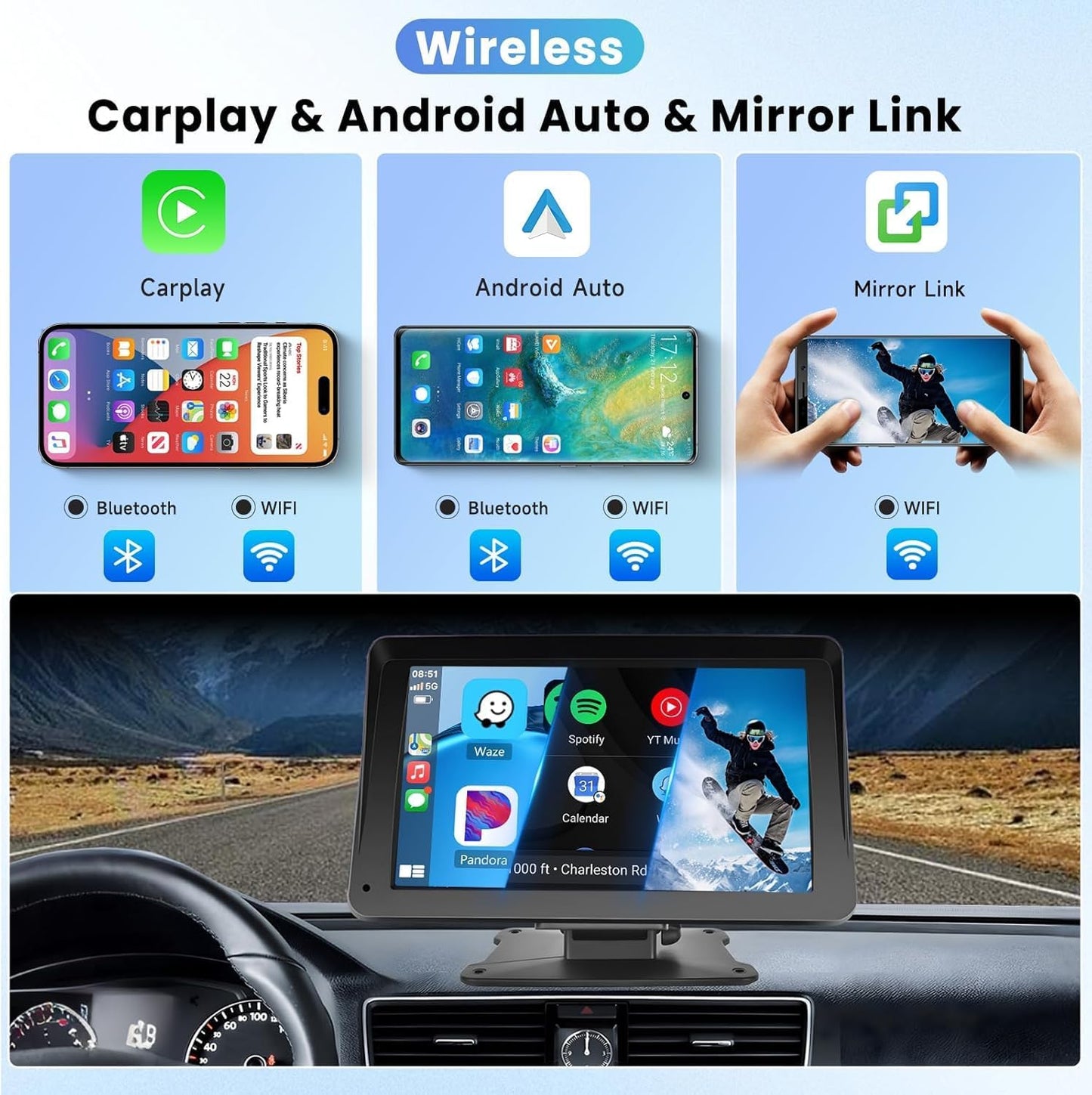 Wireless Carplay Screen, 7" Portable Car Stereo & Car Radio with Apple Carplay, Android Auto, HD Touchscreen, Bluetooth, Mirrorlink, Voice Control, FM Transmission, GPS, TF Card, AUX