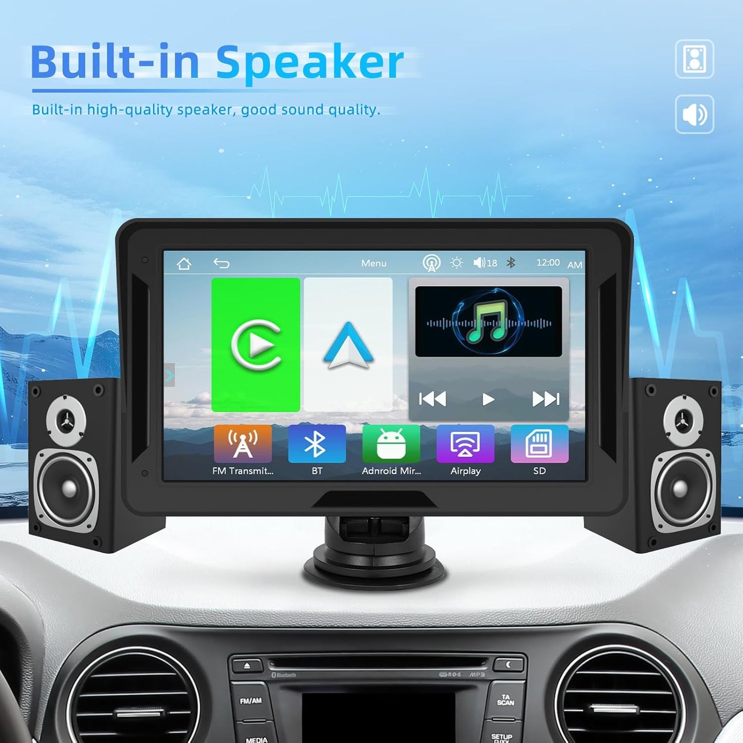 Portable Wireless Carplay Android Auto Screen Car Stereo, 7" HD Touchscreen Radio Carplay Screen for Car Fits Apple&Android, Car Audio Receivers with Bluetooth/Aux/Fm/Eq/Voice Control