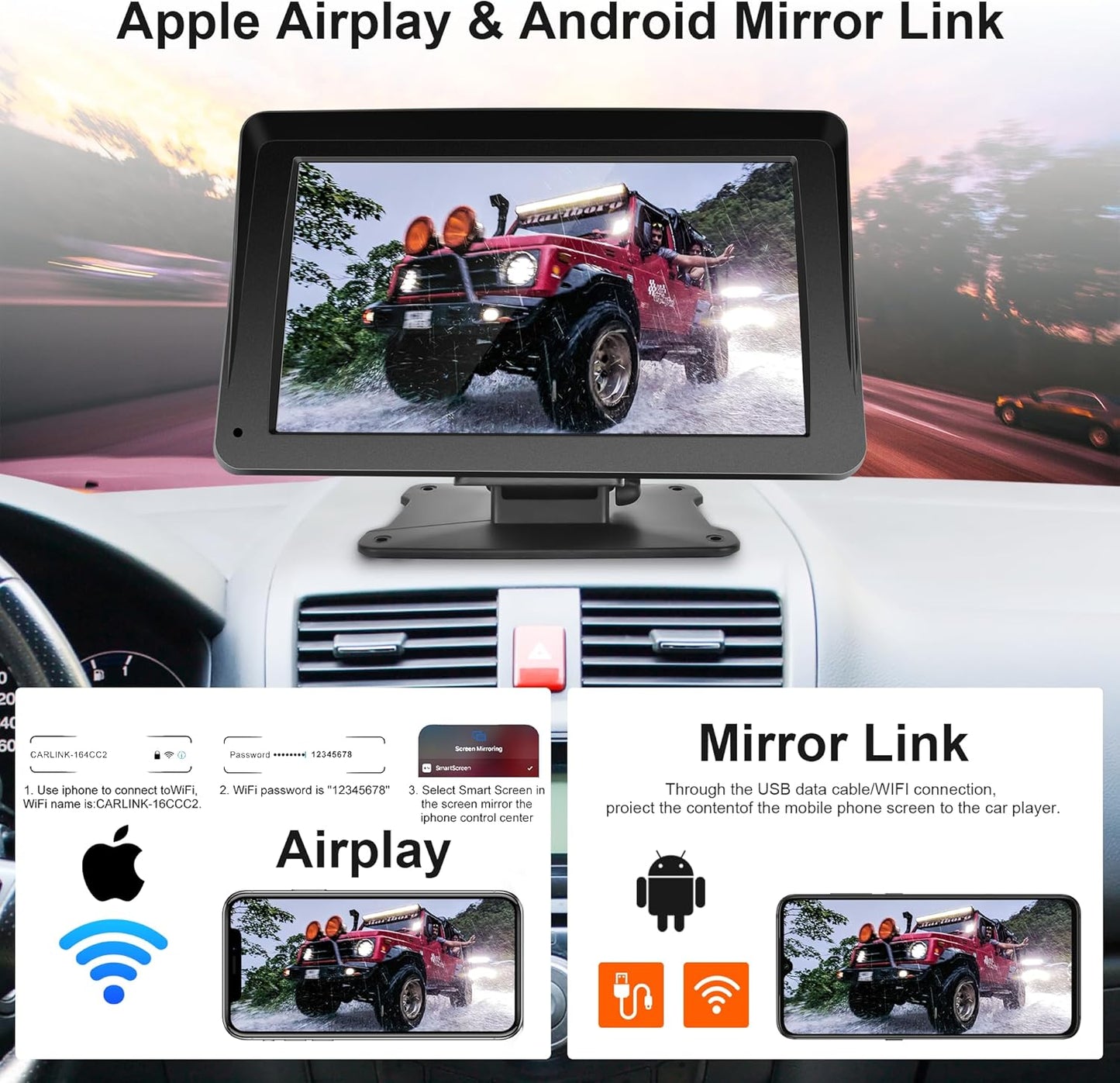 Portable Car Radio Wireless Carplay Screen Android Auto Screen,  7 Inch Touchscreen Bluetooth Portable Car Radio with FM Transmitter Voice Control