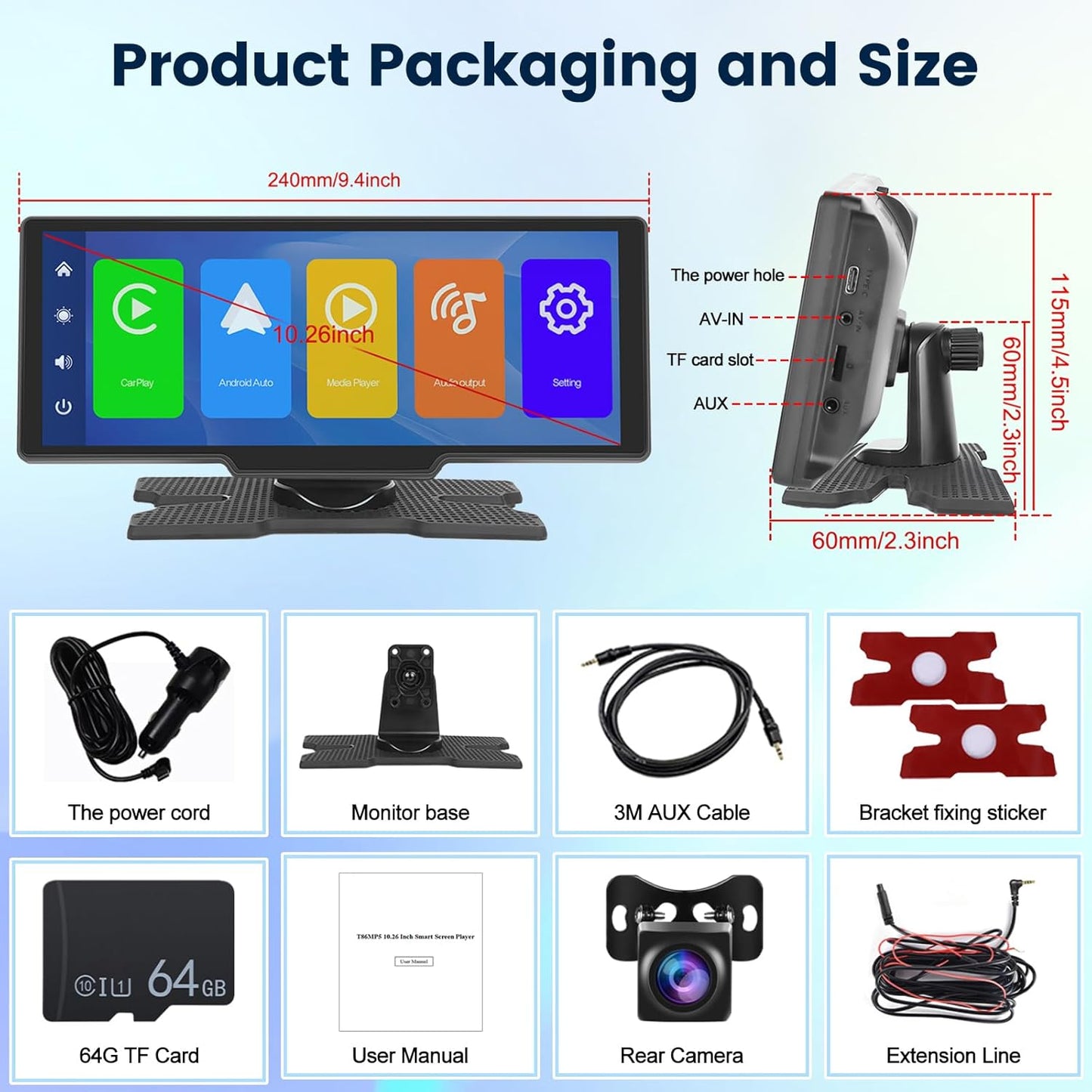 Apple Car Play Screen 10.3 Inch Carplay Screen Portable IPS Car Touchscreen Unit, Wireless Android Auto FM Transmission Bluetooth for 7V-32V Vehicles +AHD Reverse Camera +64G TF Card