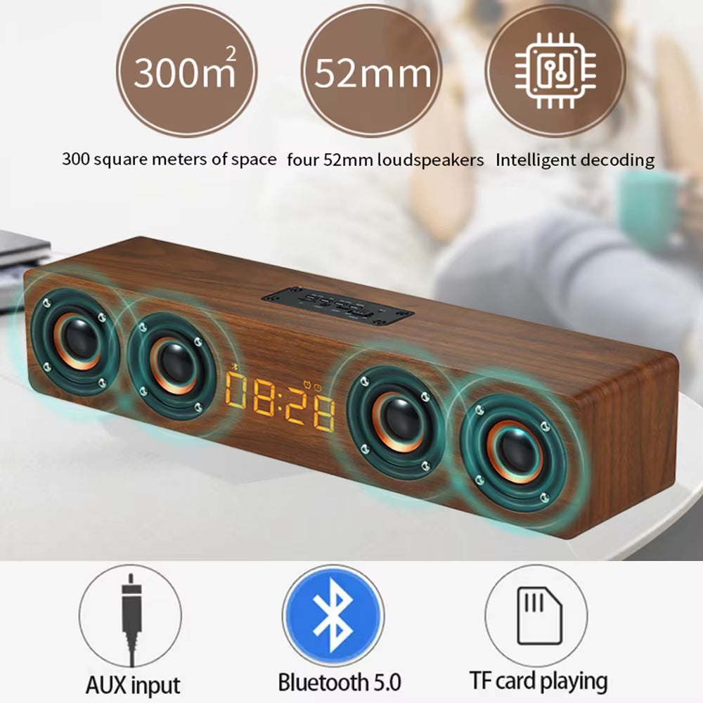Rechargeable Wooden Alarm Clock with Bluetooth Soundbar Subwoofer Speaker and FM Radio for Home or E-Sport Game Room Decoration