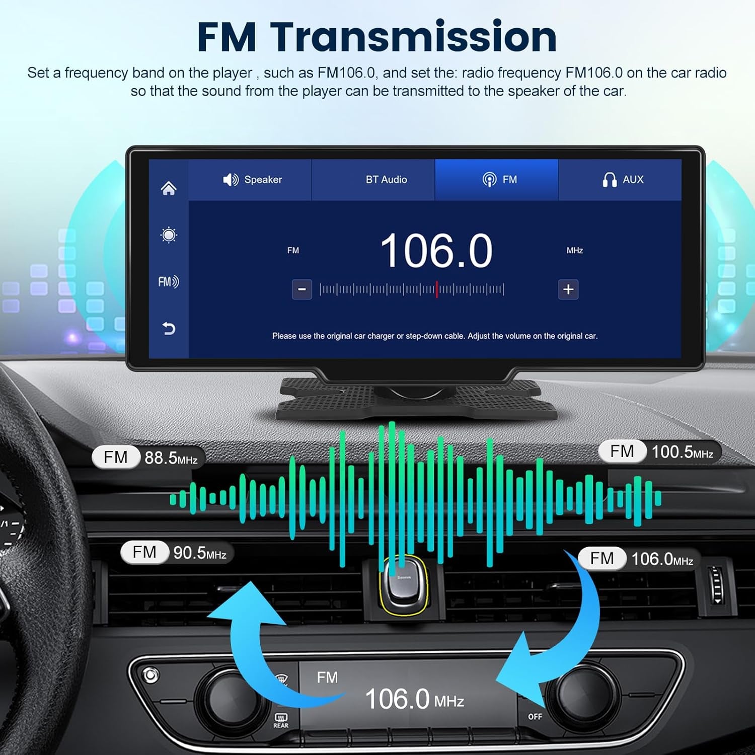 Apple Car Play Screen 10.3 Inch Carplay Screen Portable IPS Car Touchscreen Unit, Wireless Android Auto FM Transmission Bluetooth for 7V-32V Vehicles +AHD Reverse Camera +64G TF Card