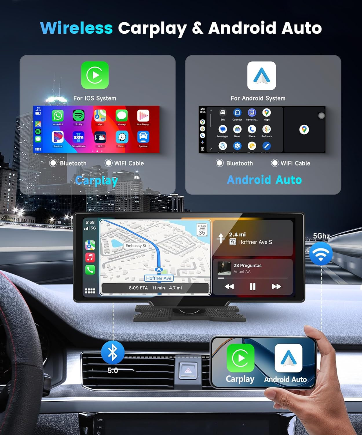 10.26 Inch Carplay Screen for Car,  Portable Android Auto Car Stereo HD IPS Touch Screen,Wireless Car Play Screen with GPS Navigation & Voice Control, Mirror Link,Bluetooth,Fm Transmission,Aux