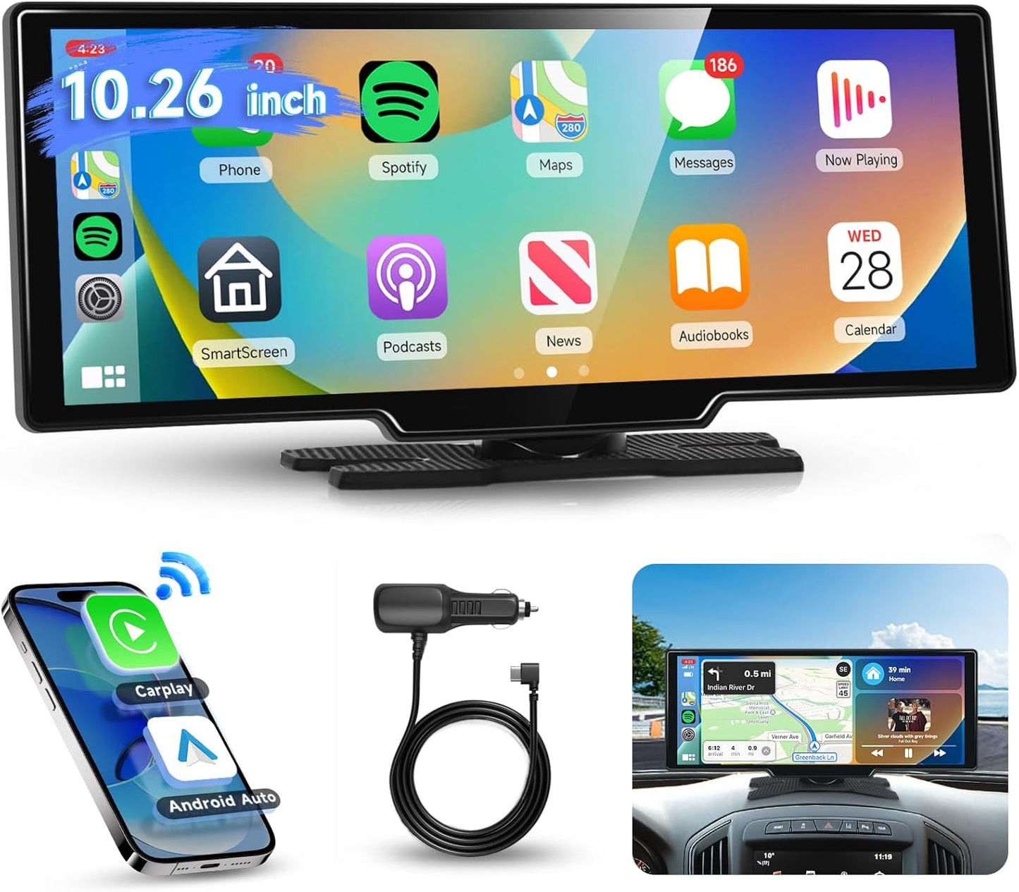 10.26 Inch Carplay Screen for Car,  Portable Android Auto Car Stereo HD IPS Touch Screen,Wireless Car Play Screen with GPS Navigation & Voice Control, Mirror Link,Bluetooth,Fm Transmission,Aux