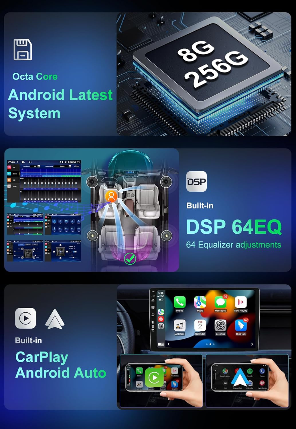 8G+256G 9Inch IPS Android Double Din Car Stereo for Vauxhall Corsa E 2015-2019 - Wireless Carplay/Android Auto/Dsp - Camera & MIC - USB AUX SWC BT DAB RDS