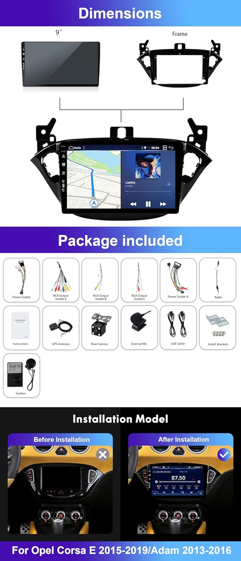 8G+256G 9Inch IPS Android Double Din Car Stereo for Vauxhall Corsa E 2015-2019 - Wireless Carplay/Android Auto/Dsp - Camera & MIC - USB AUX SWC BT DAB RDS