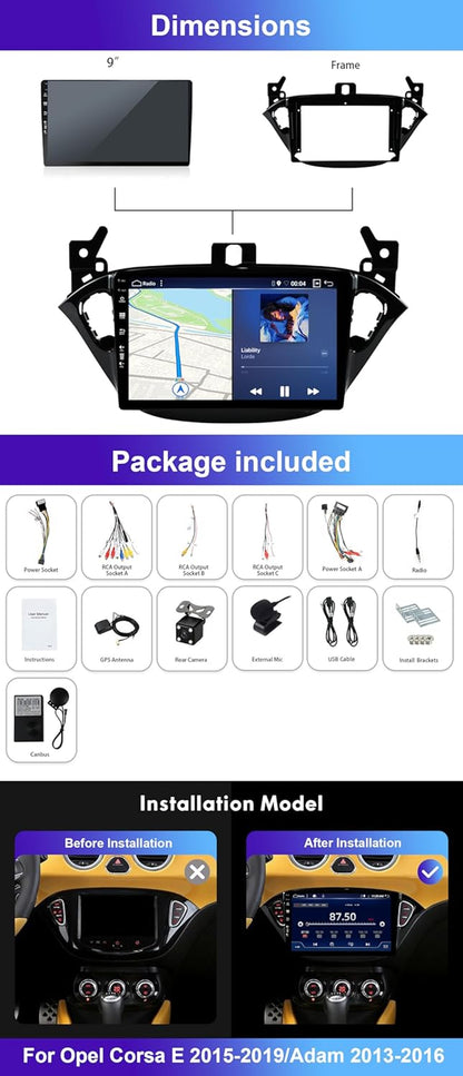 8G+256G 9Inch IPS Android Double Din Car Stereo for Vauxhall Corsa E 2015-2019 - Wireless Carplay/Android Auto/Dsp - Camera & MIC - USB AUX SWC BT DAB RDS