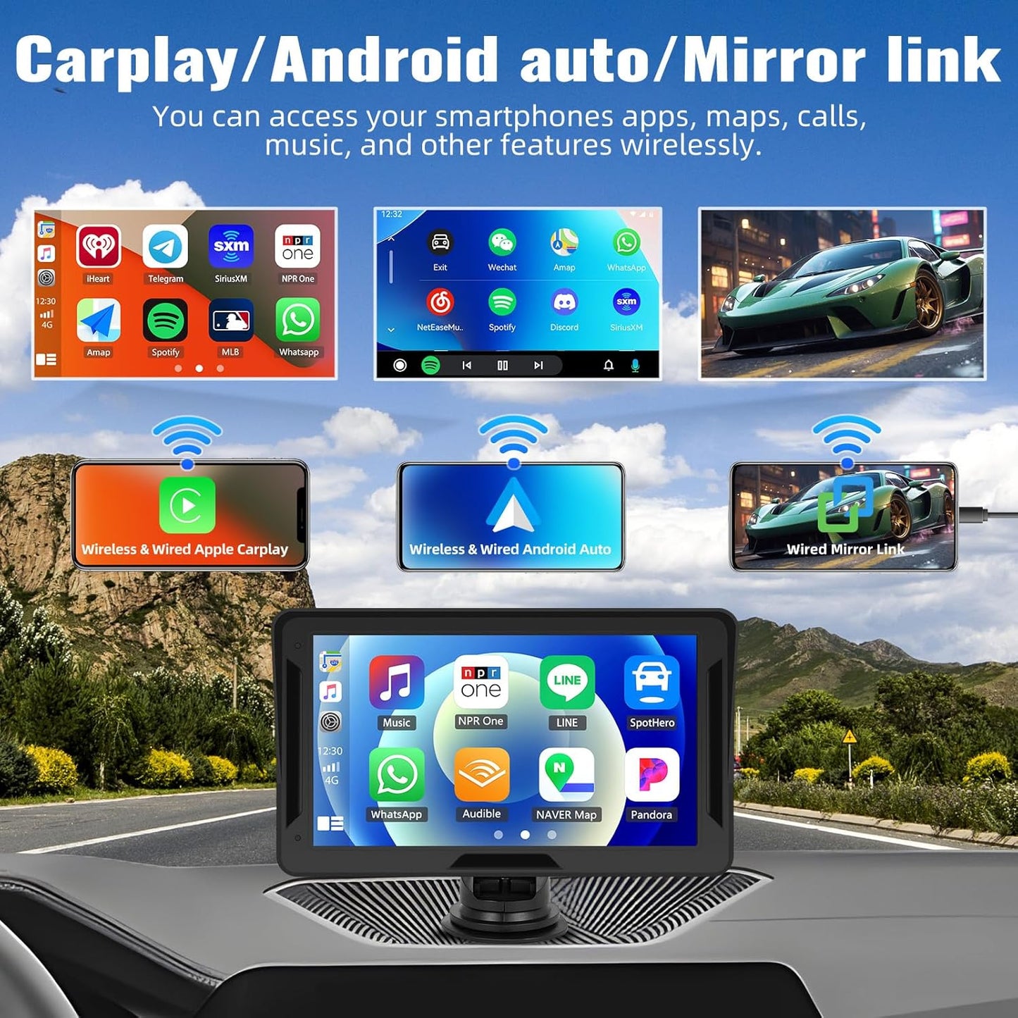 Portable Wireless Carplay Android Auto Screen Car Stereo, 7" HD Touchscreen Radio Carplay Screen for Car Fits Apple&Android, Car Audio Receivers with Bluetooth/Aux/Fm/Eq/Voice Control