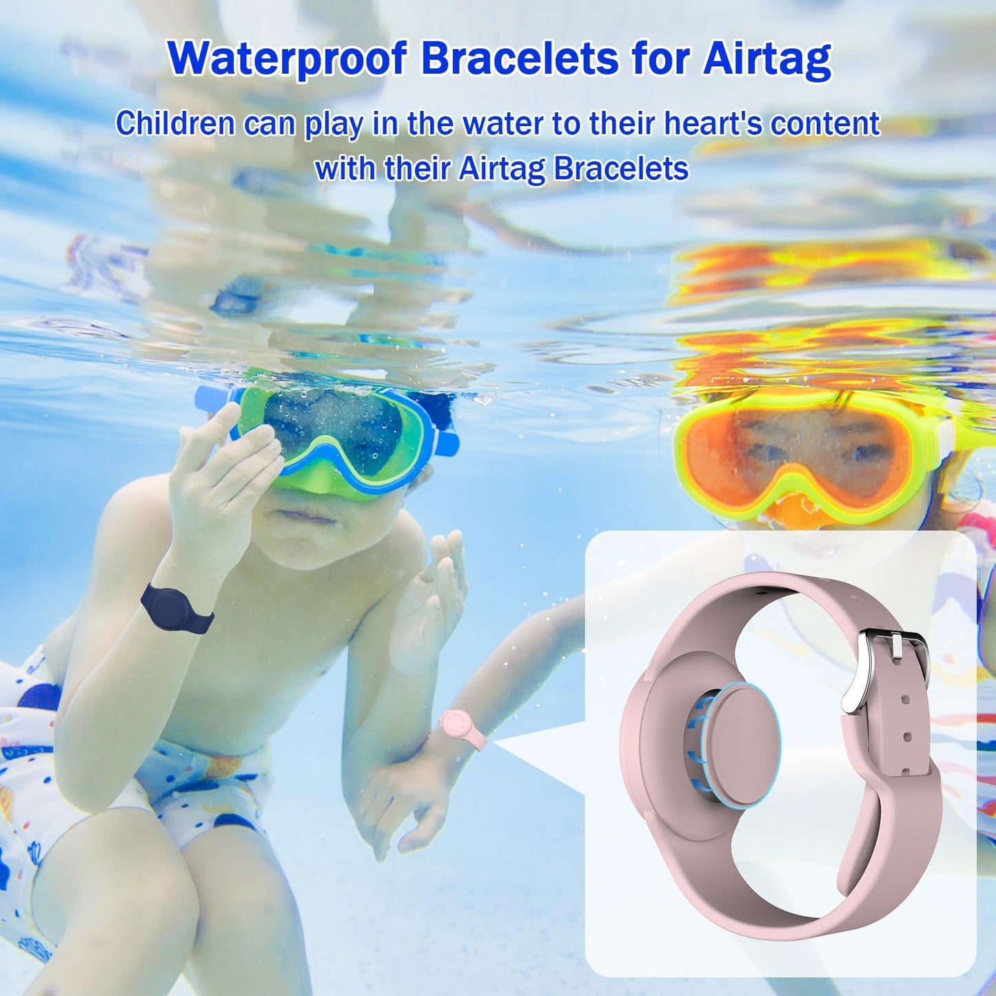 Waterproof Air Tag Bracelets for Kids [2 Pack] Compatible with Apple Air Tag Finders with Soft Silicone,Anti Lost GPS Item Finders Case Cover for Kids,Night Blue/Pink