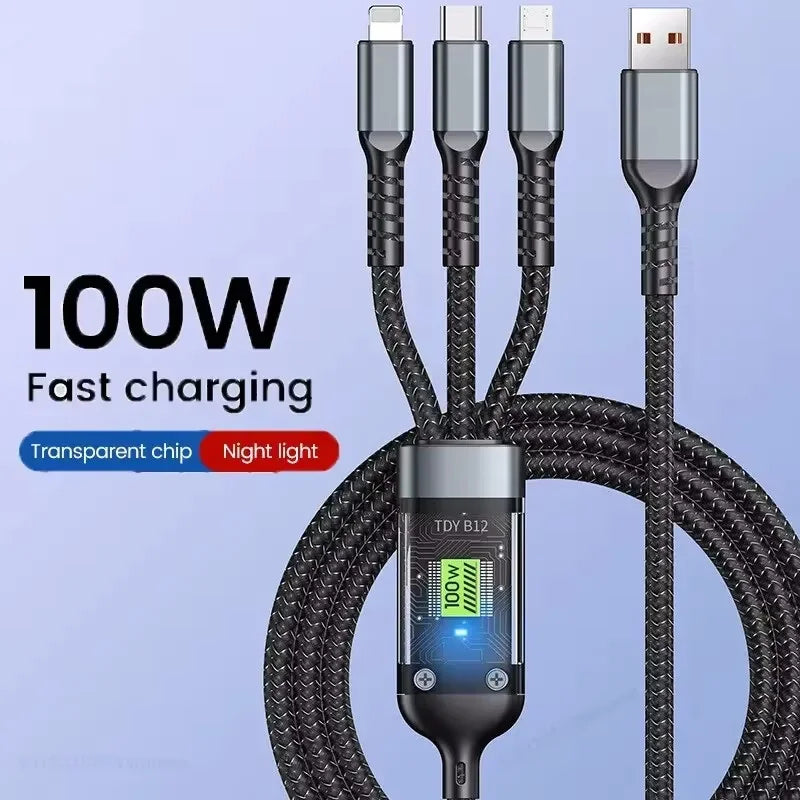 3 in 1 100W Transparent Pilot Lamp Super Fast Charging Cable Universal with Type C Usb Micro for Iphone Samsung Huawei Xiaomi 6A