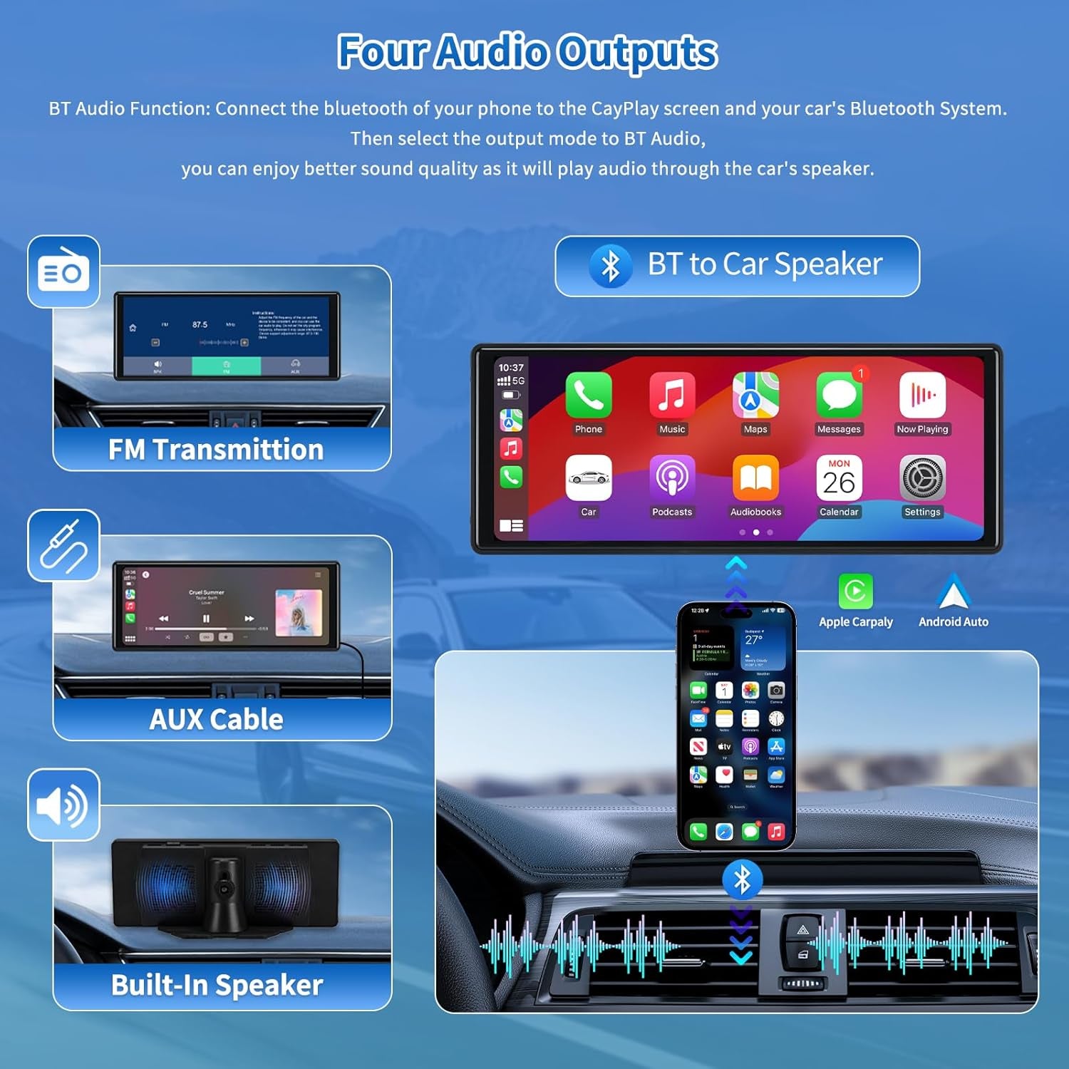 10.26'' Wireless Car Stereo with Carplay & Android Auto, 1080P Backup Camera, Portable Carplay Screen Support Bluetooth 5.0/Mirror Link/Aux/Siri/Voice Assitant Great for Travel