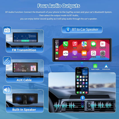 10.26'' Wireless Car Stereo with Carplay & Android Auto, 1080P Backup Camera, Portable Carplay Screen Support Bluetooth 5.0/Mirror Link/Aux/Siri/Voice Assitant Great for Travel