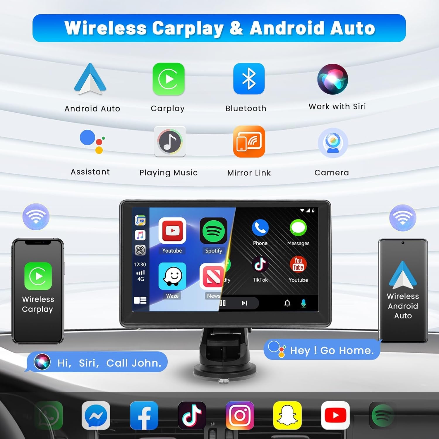 Portable Car Stereo Wireless Carplay Screen Android Auto Screen for Car, 7 Inch Touch Screen Portable Carplay Screen with Bluetooth 5.1, AUX/USB, Live Navigation, Voice Control