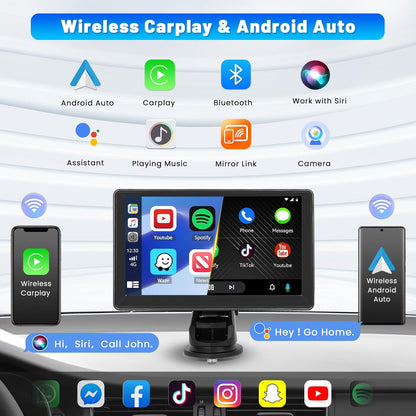 Portable Car Stereo Wireless Carplay Screen Android Auto Screen for Car, 7 Inch Touch Screen Portable Carplay Screen with Bluetooth 5.1, AUX/USB, Live Navigation, Voice Control