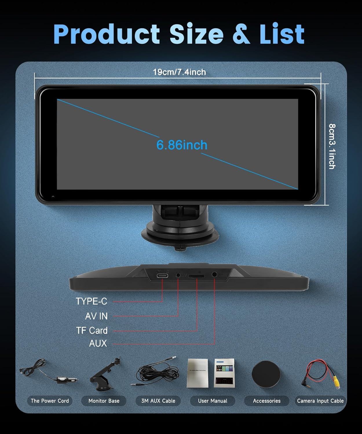 Wireless Carplay Screen Portable Car Stereo Android Auto Screen,  6.86 Inch Touch Screen Portable Car Play Bluetooth FM Transmitter Mirror Link Voice Control AUX Cable