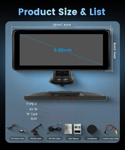 Wireless Carplay Screen Portable Car Stereo Android Auto Screen,  6.86 Inch Touch Screen Portable Car Play Bluetooth FM Transmitter Mirror Link Voice Control AUX Cable