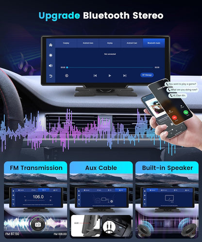 10.26 Inch Carplay Screen for Car,  Portable Android Auto Car Stereo HD IPS Touch Screen,Wireless Car Play Screen with GPS Navigation & Voice Control, Mirror Link,Bluetooth,Fm Transmission,Aux