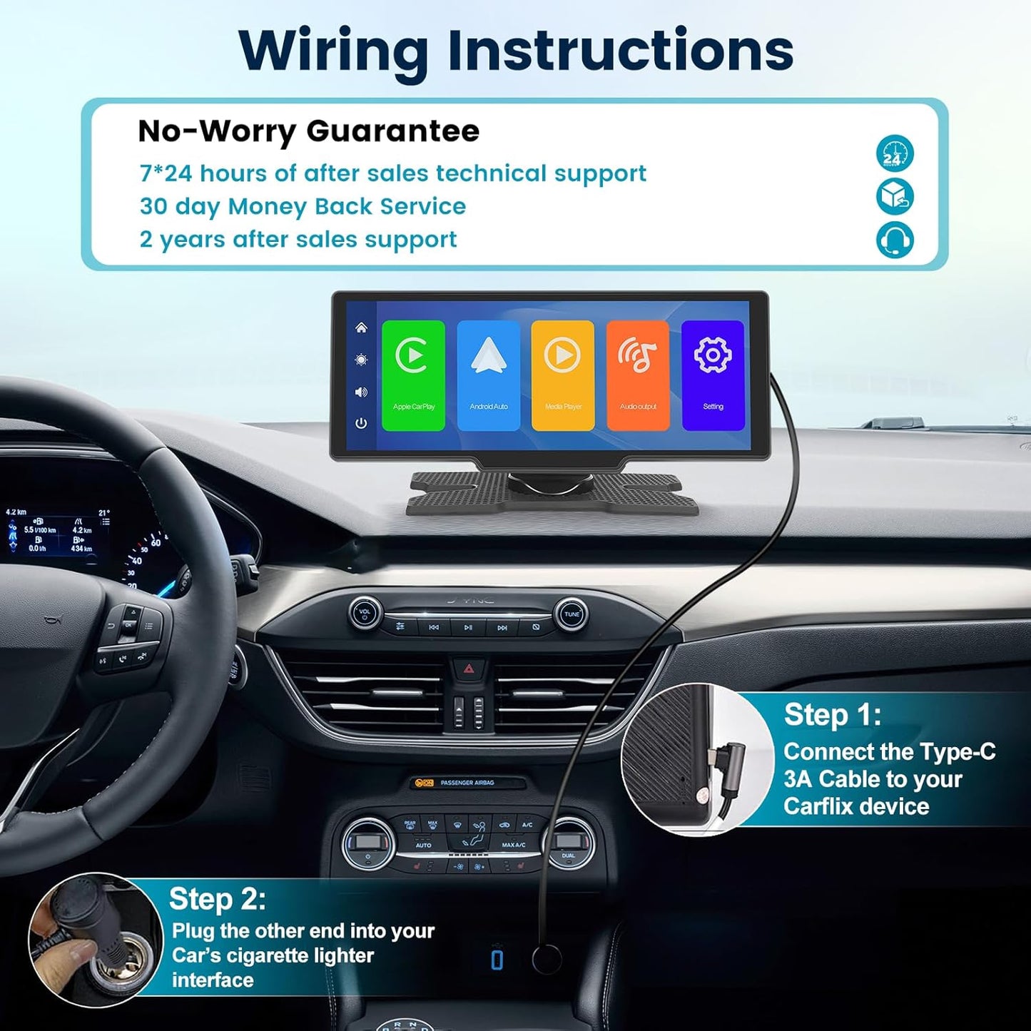 Apple Car Play Screen 10.3 Inch Carplay Screen Portable IPS Car Touchscreen Unit, Wireless Android Auto FM Transmission Bluetooth for 7V-32V Vehicles +AHD Reverse Camera +64G TF Card