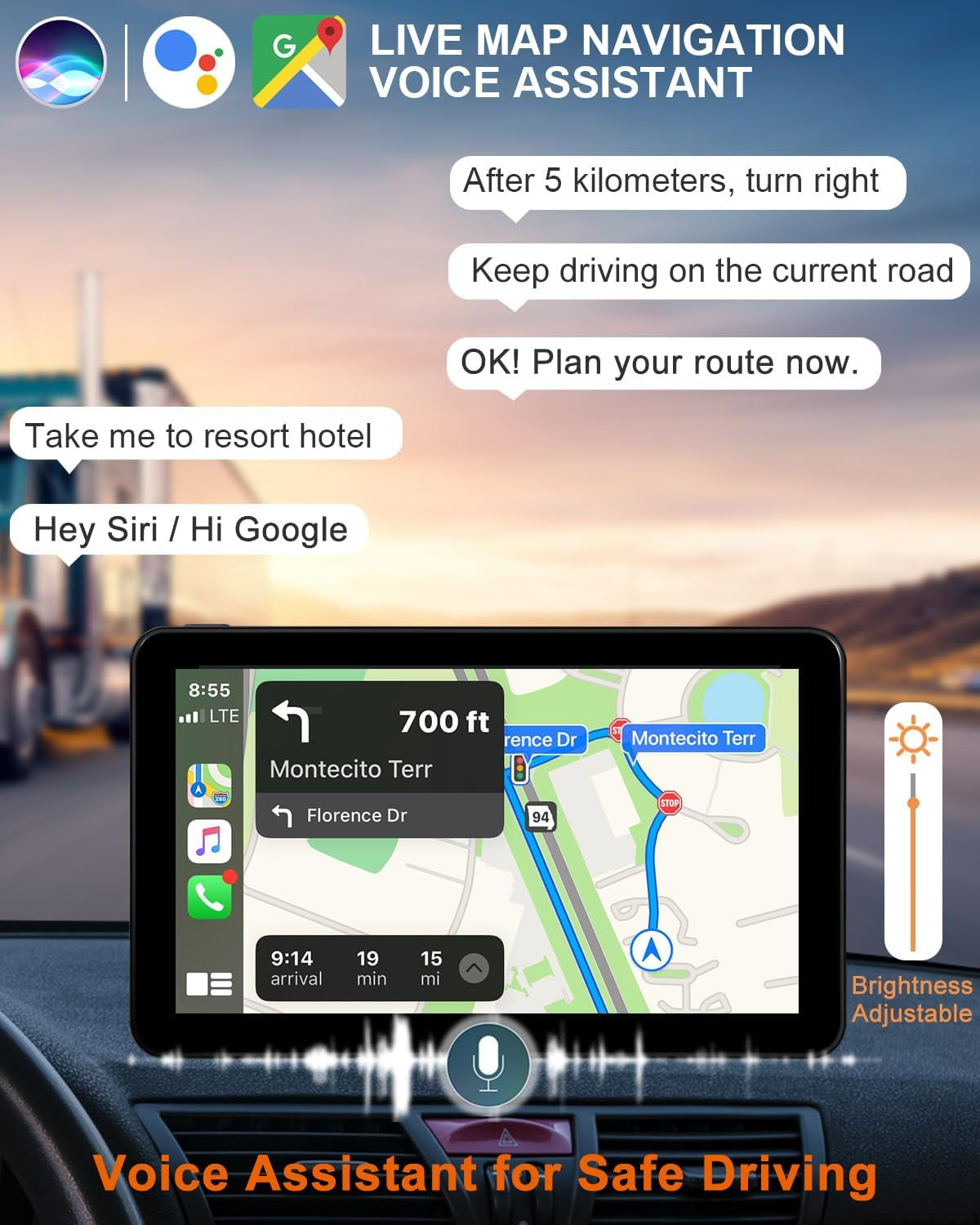 Wireless Apple Carplay Android Auto Screen for Car, 7" HD Touch Screen Car Stereo Portable Live Navigation Car Play Mirror Link Music Video Player Siri/Airplay/Aux/Fm/Radio