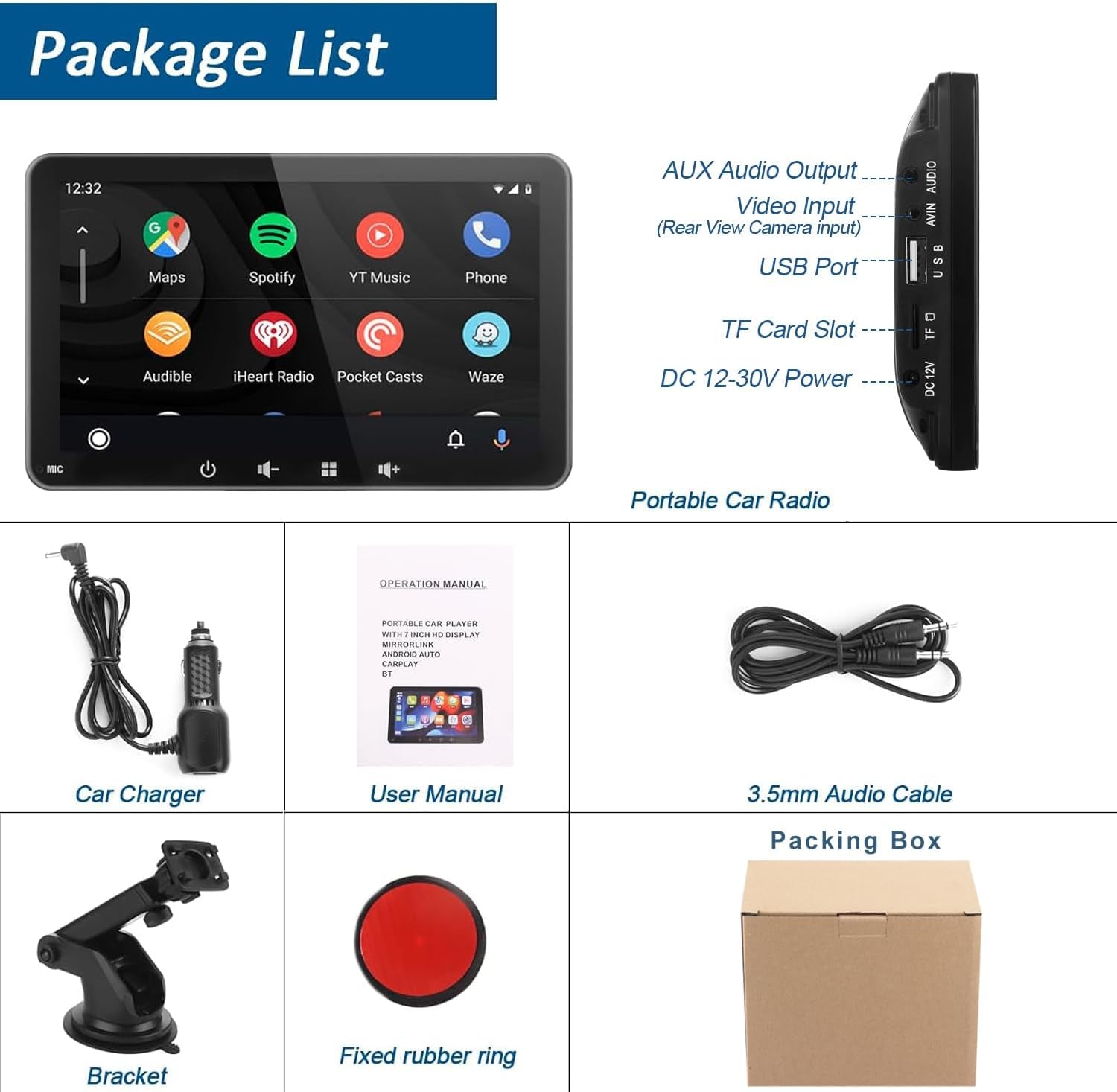 7 Inch Portable Car Stereo 2025 Upgraded Compatible with Wireless Carplay & Android Auto, Airplay, Stereo Sound, Voice Controll Wifi Bt/Wired Connection, Car Bluetooth Audio Output, TF/USB/AUX/FM