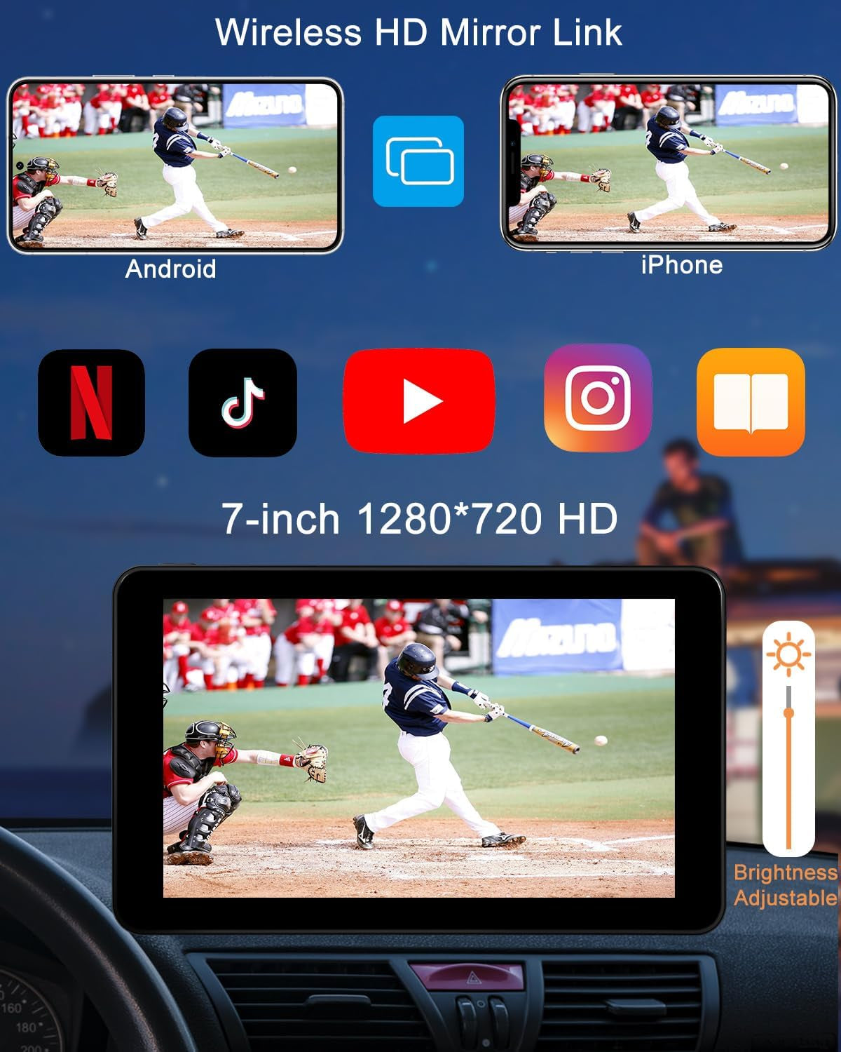 Wireless Apple Carplay Android Auto Screen for Car, 7" HD Touch Screen Car Stereo Portable Live Navigation Car Play Mirror Link Music Video Player Siri/Airplay/Aux/Fm/Radio