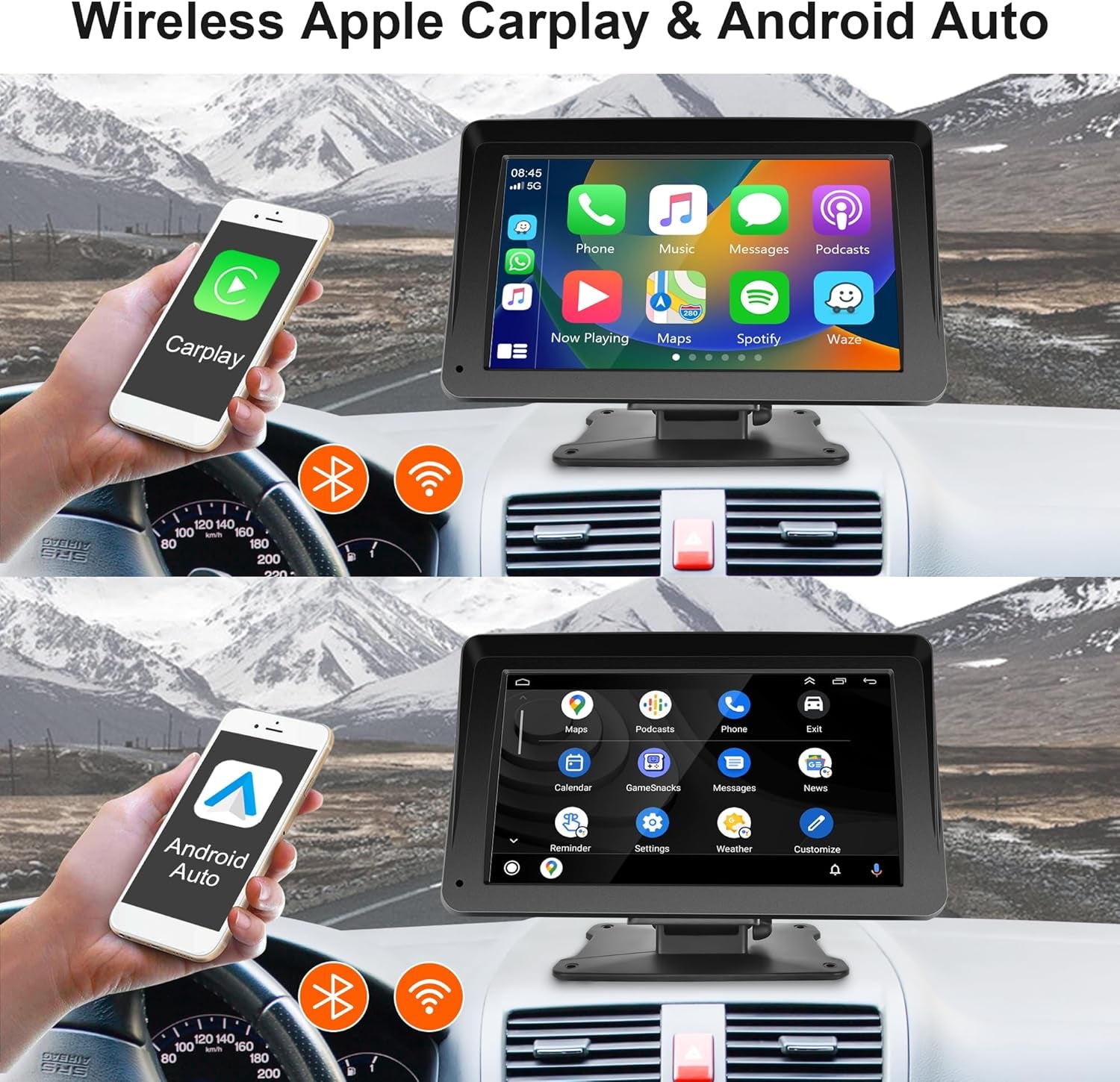 Portable Car Radio Wireless Carplay Screen Android Auto Screen,  7 Inch Touchscreen Bluetooth Portable Car Radio with FM Transmitter Voice Control