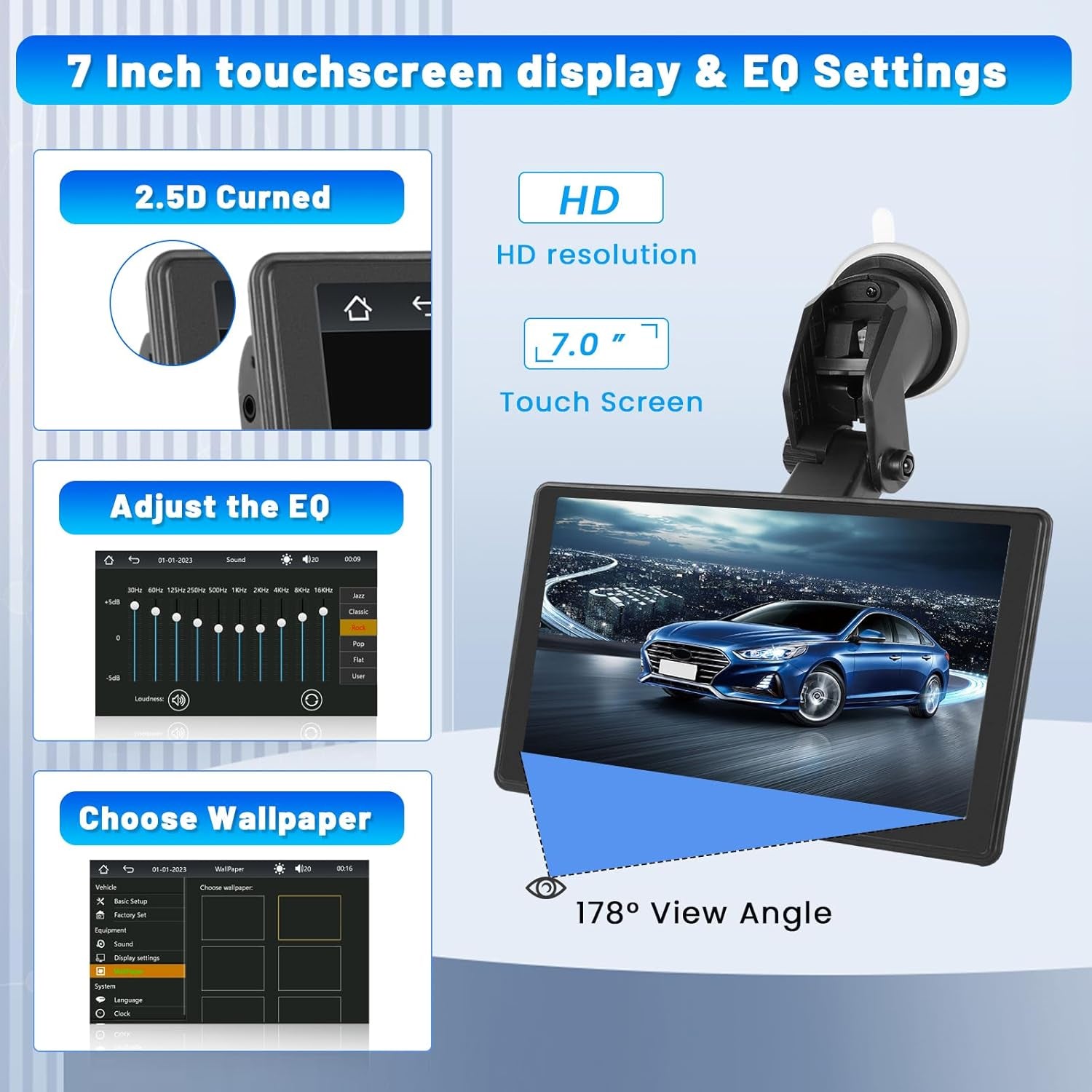 Portable Car Stereo Wireless Carplay Screen Android Auto Screen for Car, 7 Inch Touch Screen Portable Carplay Screen with Bluetooth 5.1, AUX/USB, Live Navigation, Voice Control