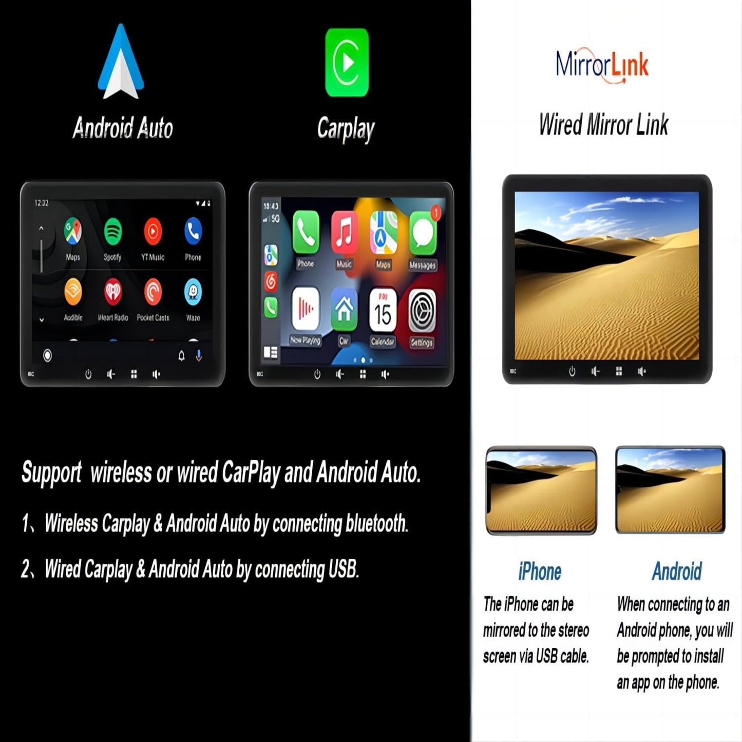 7 Inch Portable Car Stereo 2025 Upgraded Compatible with Wireless Carplay & Android Auto, Airplay, Stereo Sound, Voice Controll Wifi Bt/Wired Connection, Car Bluetooth Audio Output, TF/USB/AUX/FM