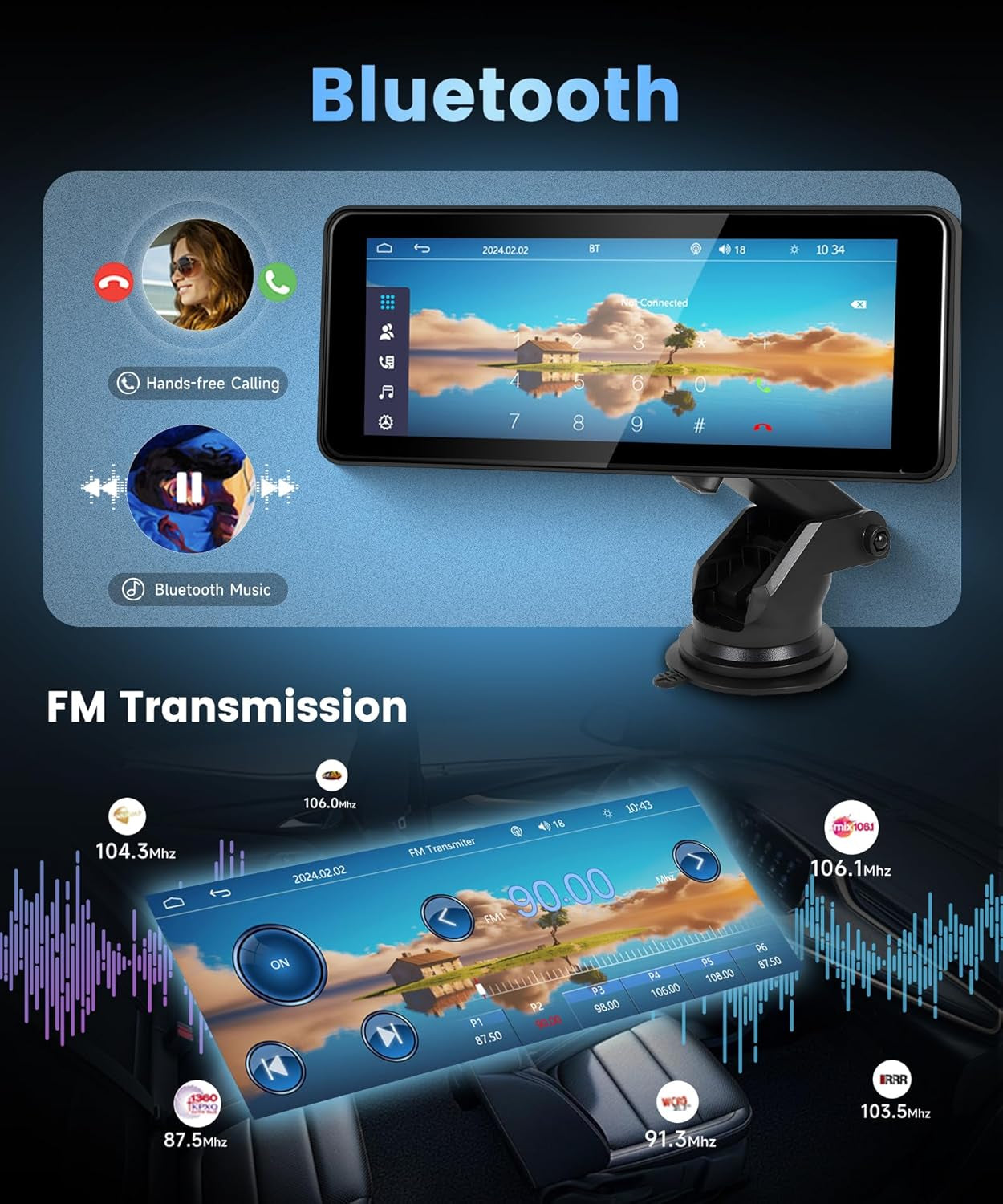 Wireless Carplay Screen Portable Car Stereo Android Auto Screen,  6.86 Inch Touch Screen Portable Car Play Bluetooth FM Transmitter Mirror Link Voice Control AUX Cable