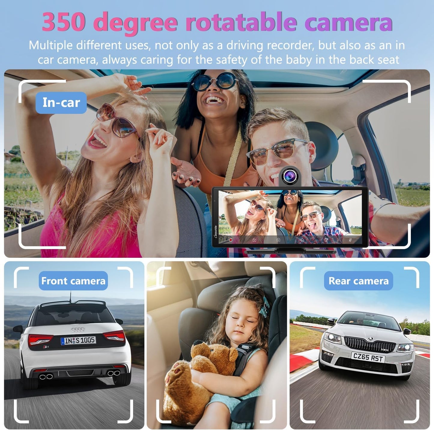 2025  W903 9.3" 4K Dash Cam with Wireless Carplay – Dual Front/Rear Camera, Loop Recording, Bluetooth, Mirror Link, GPS, Siri, Dashboard Mounted, Night Vision, Universal Car/Truck/Motorhome