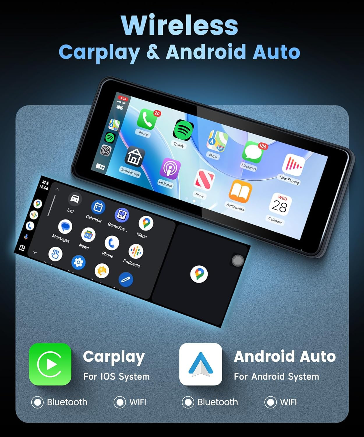 Wireless Carplay Screen Portable Car Stereo Android Auto Screen,  6.86 Inch Touch Screen Portable Car Play Bluetooth FM Transmitter Mirror Link Voice Control AUX Cable