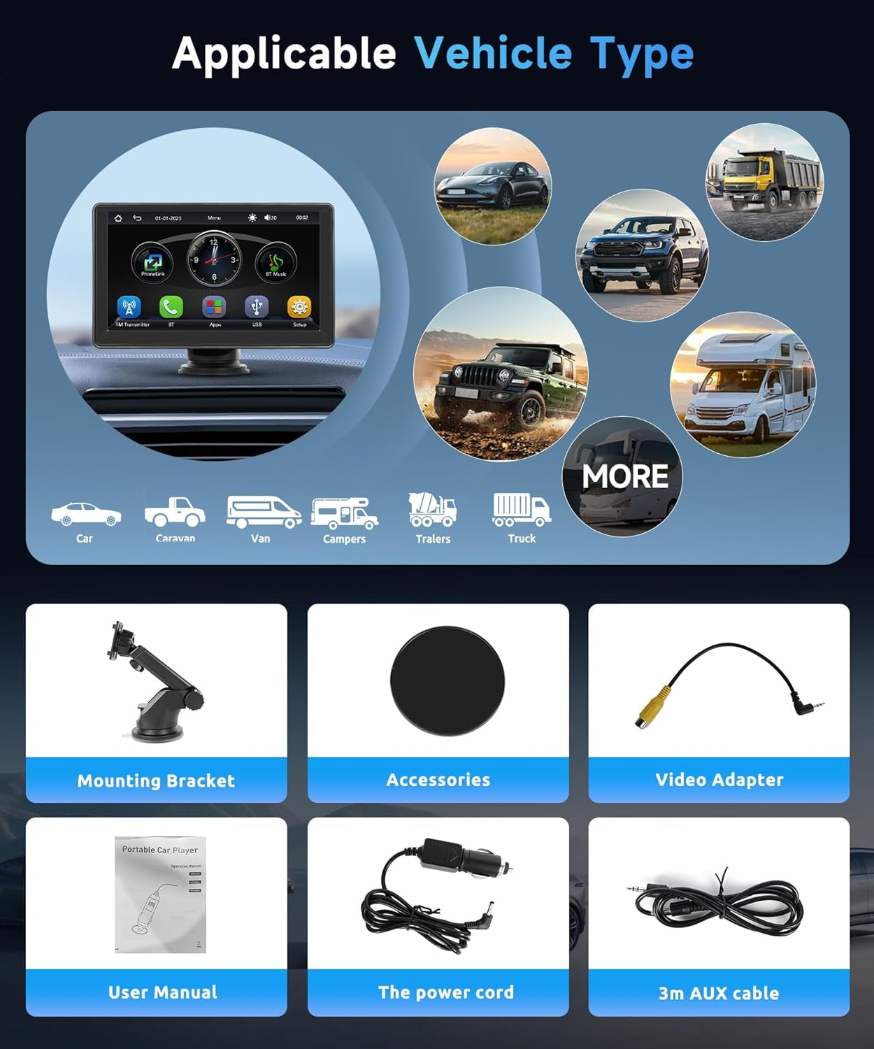 7 Inch Portable Car Play Stereo Touch Screen  Portable Carplay Car Radio with Wireless Android Auto Airplay Android Cast, Bluetooth, GPS Navigation, FM Transmit, AUX, Voice Control