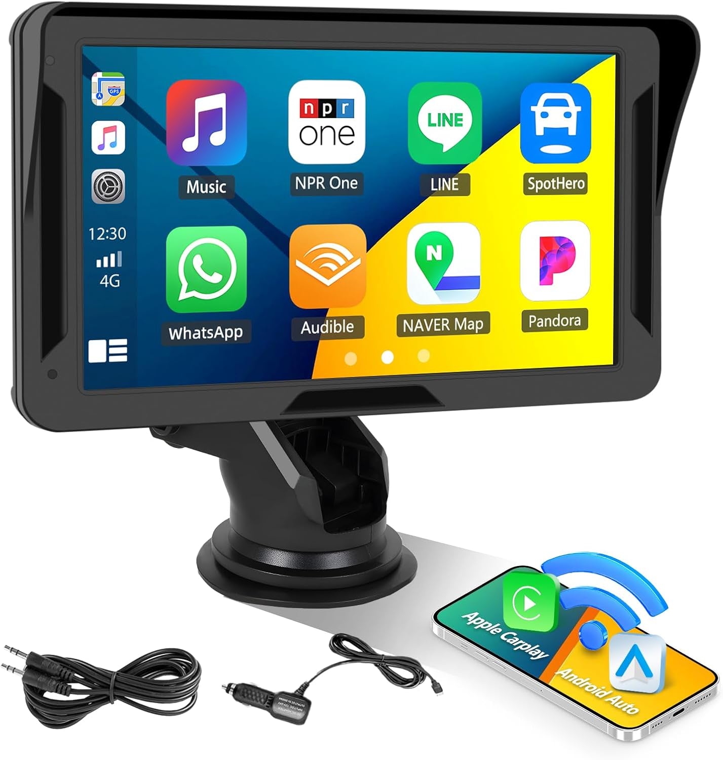 Portable Wireless Carplay Android Auto Screen Car Stereo, 7" HD Touchscreen Radio Carplay Screen for Car Fits Apple&Android, Car Audio Receivers with Bluetooth/Aux/Fm/Eq/Voice Control