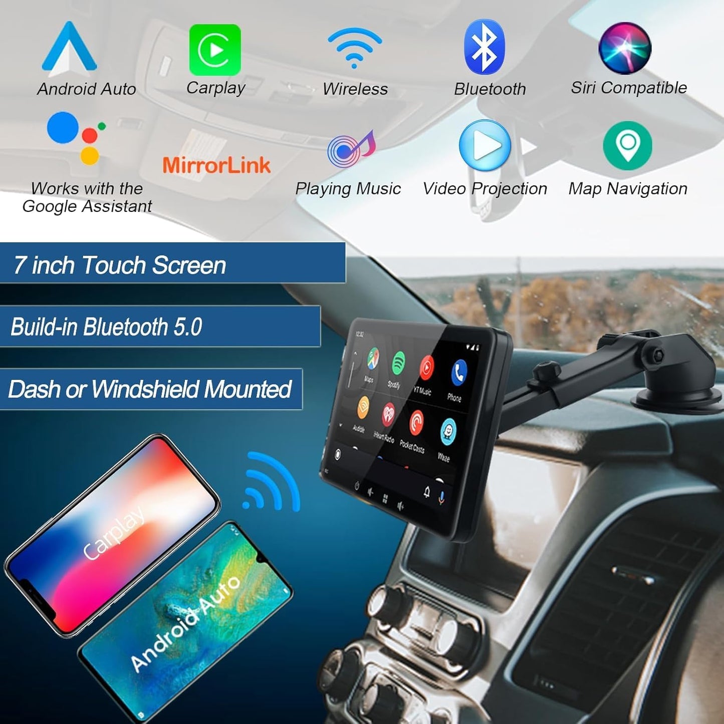 7 Inch Portable Car Stereo 2025 Upgraded Compatible with Wireless Carplay & Android Auto, Airplay, Stereo Sound, Voice Controll Wifi Bt/Wired Connection, Car Bluetooth Audio Output, TF/USB/AUX/FM