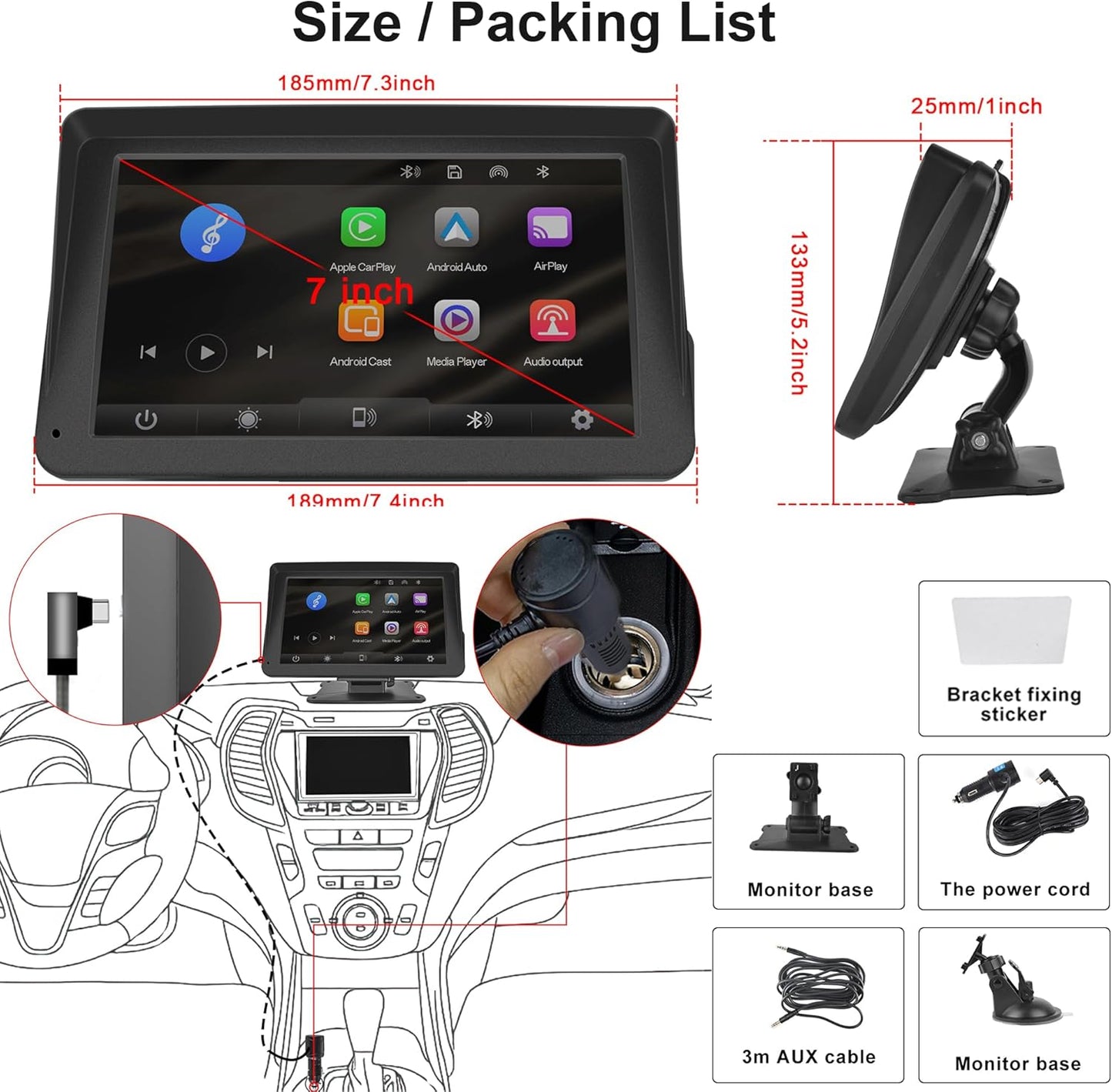 Portable Car Radio Wireless Carplay Screen Android Auto Screen,  7 Inch Touchscreen Bluetooth Portable Car Radio with FM Transmitter Voice Control