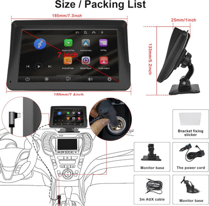 Portable Car Radio Wireless Carplay Screen Android Auto Screen,  7 Inch Touchscreen Bluetooth Portable Car Radio with FM Transmitter Voice Control